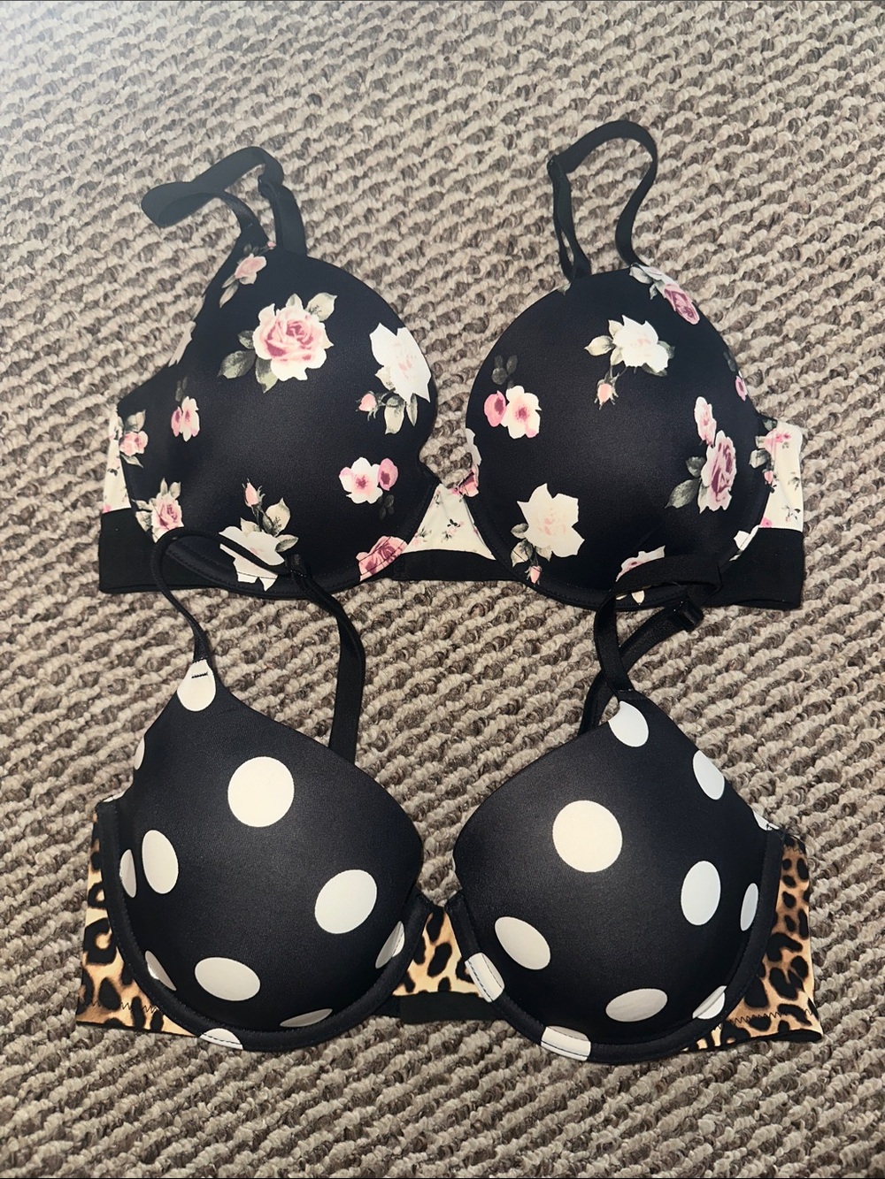PINK Victoria's Secret Black Floral & Polka Dot Bra Set